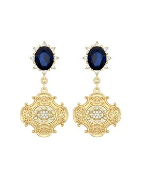Gold Drop Earrings with Navy Blue Stone